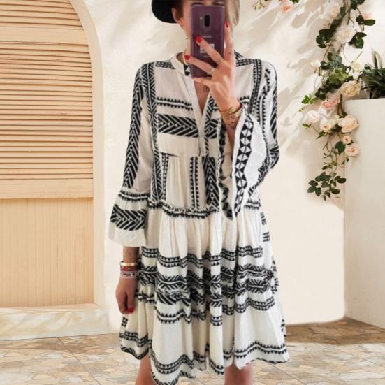 Women's Summer Pleated Short Dress Ruffled 3/4 Sleeve V Neck Button Up Mini Dress Boho Loose Flowy Beach Sundress