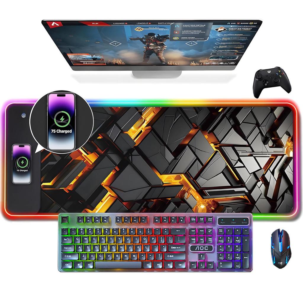 Black RGB Wireless Charging Mouse Pad, 15W, Large, Rainbow Luminous for Gaming/Office