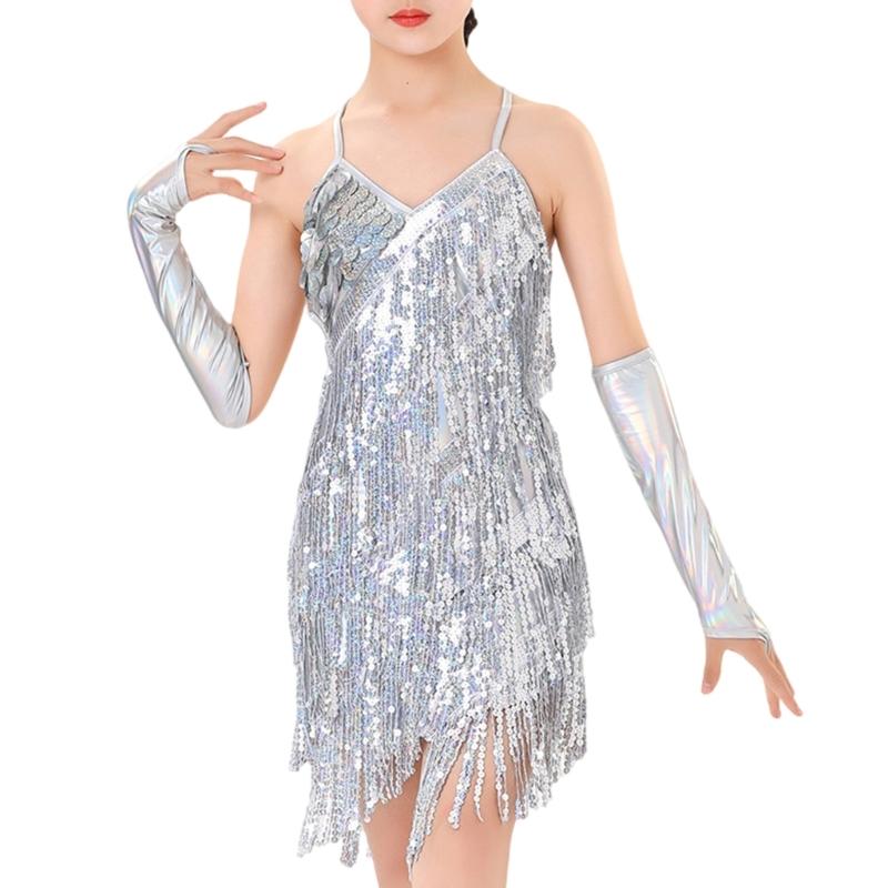 Latin Dance Dress Tassels Salsas Dancewear Sequins Fringe Dress Modern Ballroom Cha Cha Dancer Outfits for Kids Girls
