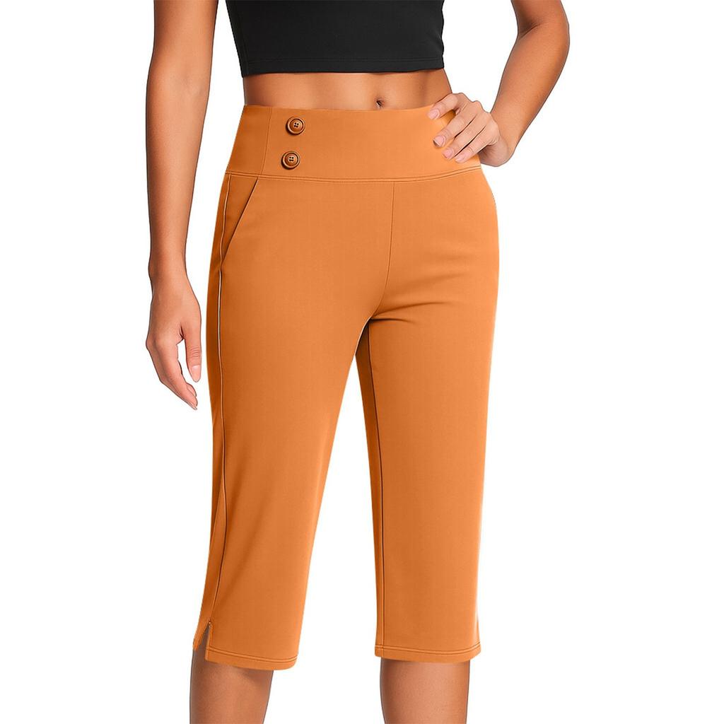 Women's Fashionable Solid Color Button Pocket Pants With Split Hems High Waist Sports Yoga Casual Cropped Pants