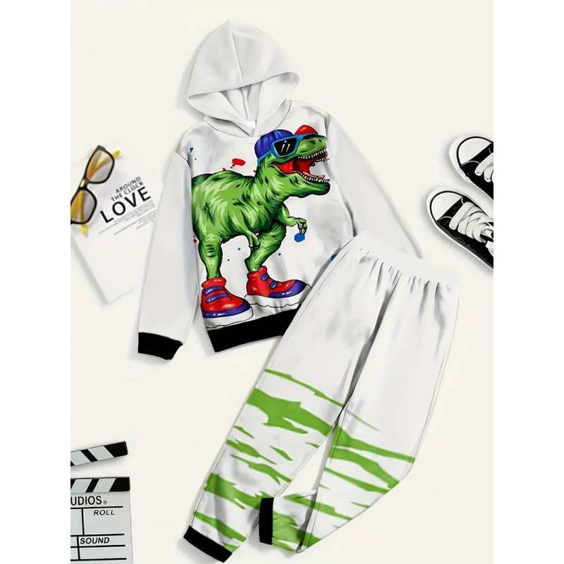 Boys Winter 2-Piece Hooded Sweatshirt Set With Cartoon Print Long Pants Casual Outfit Kids 8 Years