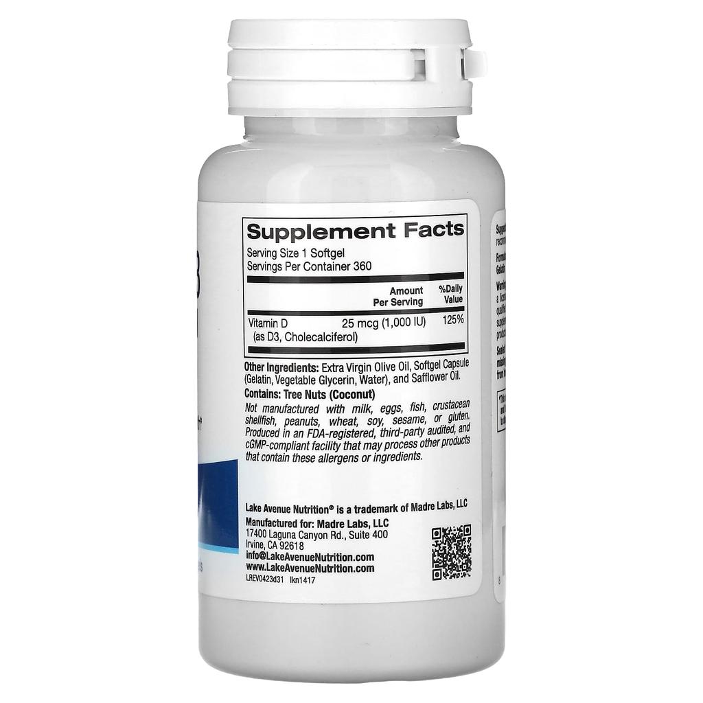Lake Avenue Nutrition, Vitamin D3, 25 mcg (1,000 IU), 360 softgels