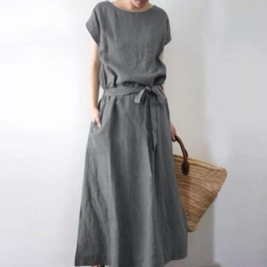 Женское платье макси из хлопка и льна в стиле бохо, летнее, с коротким рукавом, круглым вырезом, длинным платьем, поясом и карманами, повседневный пляжный сарафан