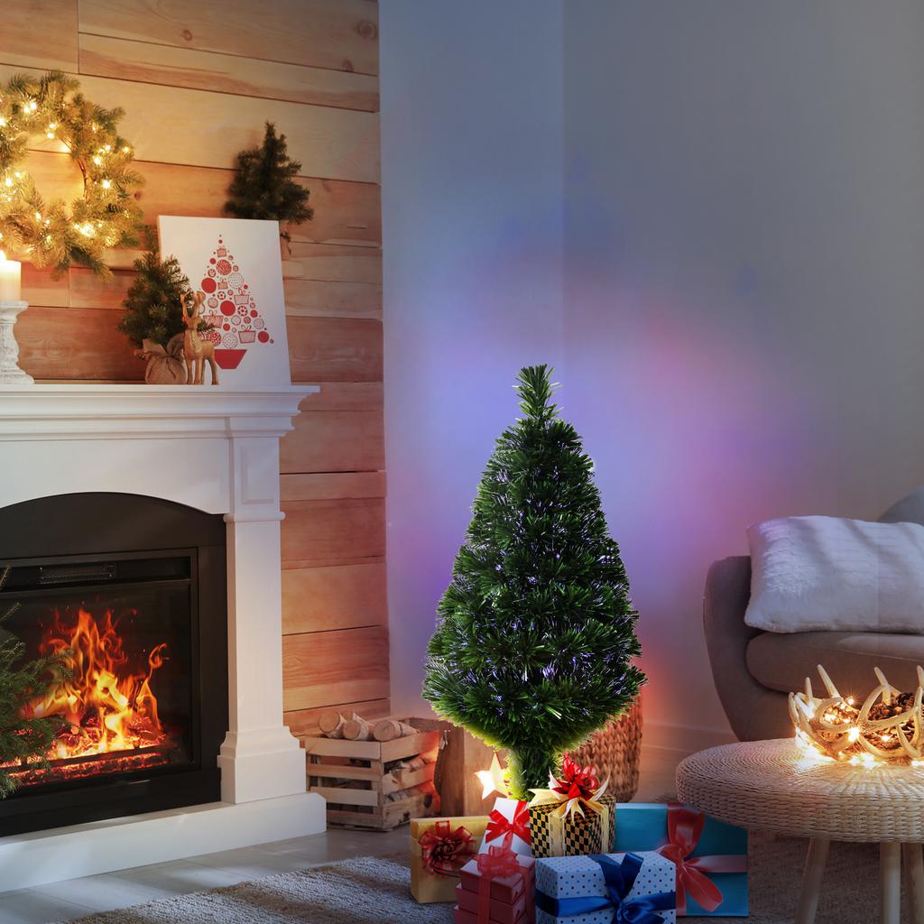 Artificial Christmas Tree with Lights, 90cm Tall, Multicolor Fiber Optics + Stand, 90 Branches, Green