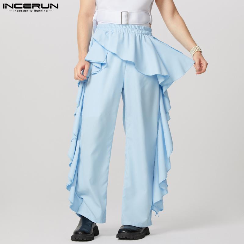 INCERUN Мужские брюки с эластичной талией, однотонные, нерегулярные, длинные брюки с оборками