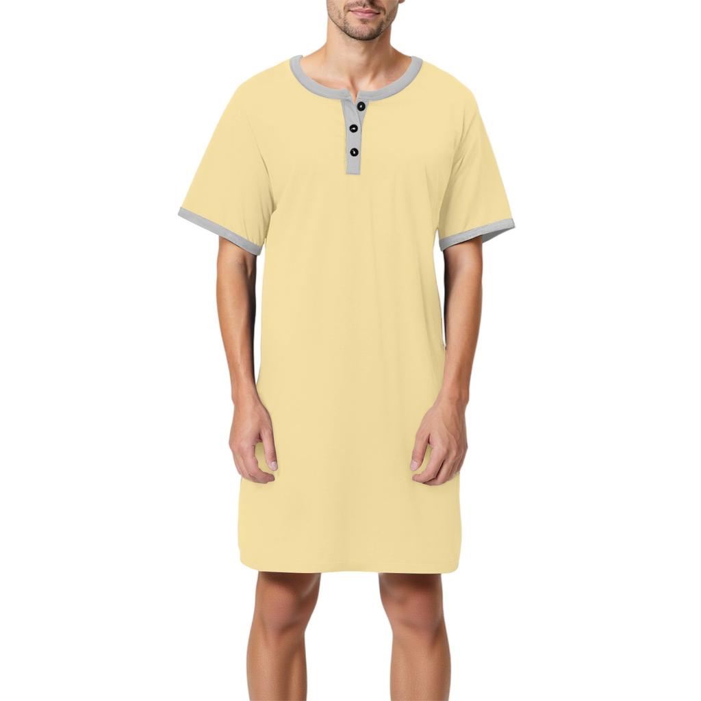 Мужская однотонная хлопковая пижама с коротким рукавом, рубашка на пуговицах с отложным воротником, длинная свободная пижама, домашняя одежда
