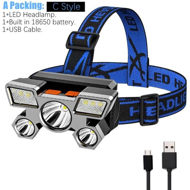 Светодиодный налобный фонарь Сильный свет Супер яркий налобный фонарик Открытый перезаряжаемый фонарь для ночной рыбалки 5 источников света