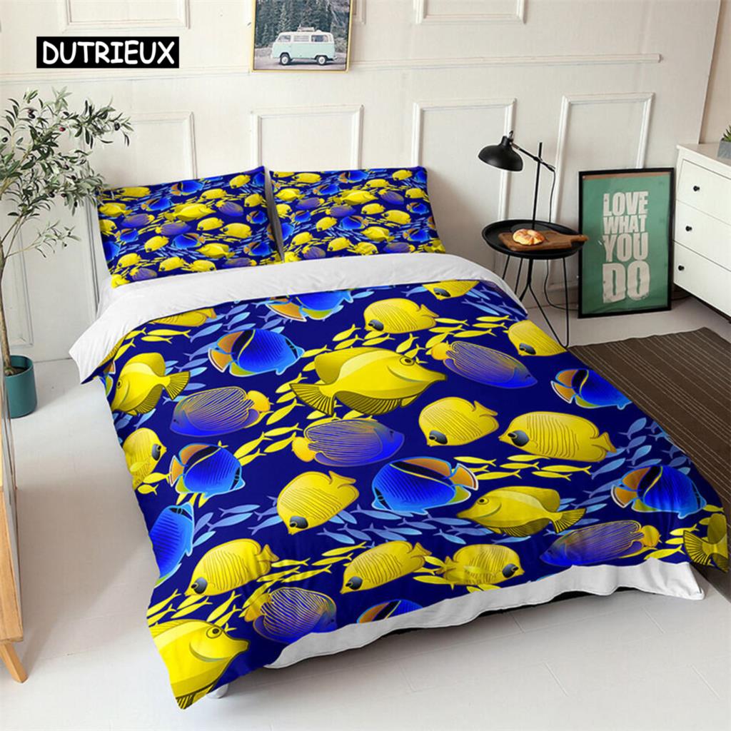 Комплект постельного белья Ocean с изображением синих морских рыб и 3D-принтом для детей. Мягкий полиэстеровый чехол для одеяла Queen King с изображением северного океана