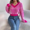 GMXIA Autumn and Winter Casual Striped Lantern Sleeve Pullover Crop Top Women's Sweater