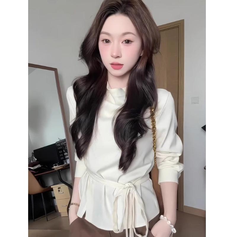 Original Fabric Asymmetrical Draped Collar Long Sleeve Women's Shirt with Diagonal Placket & Tie Waist in Apricot