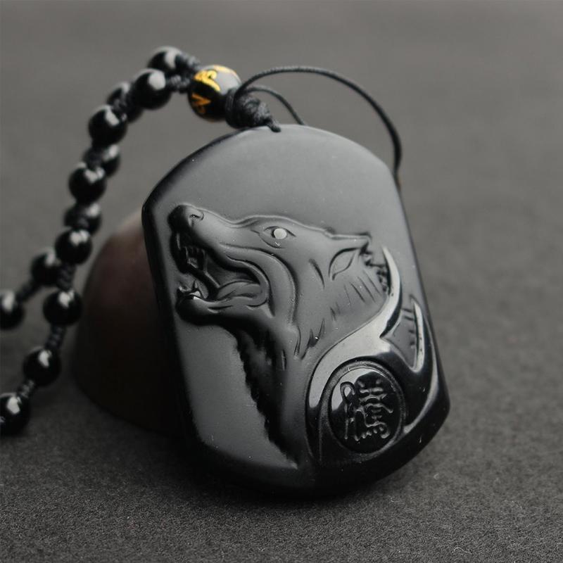 Натуральный черный обсидиан, резьба по голове волка, амулет, кулон, обсидиан, благословение, счастливый кулон