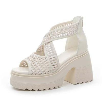 Мода Высокое качество 10 см Натуральная кожа Туфли с открытым носком Массивный каблук Сандалии Лодочки Платформа Клиновидный каблук Летняя мода Ботильоны до щиколотки Женские