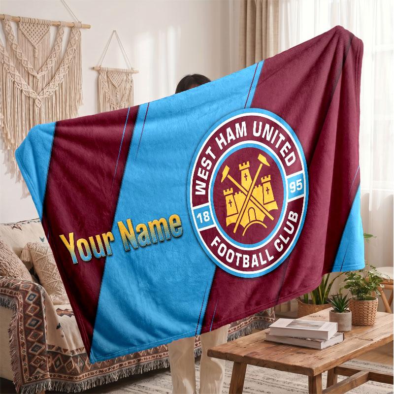West Ham United football Personalized Fleece Blanket With Football Logo, Custom Name Text Soft Warm Home Throw Blanket
