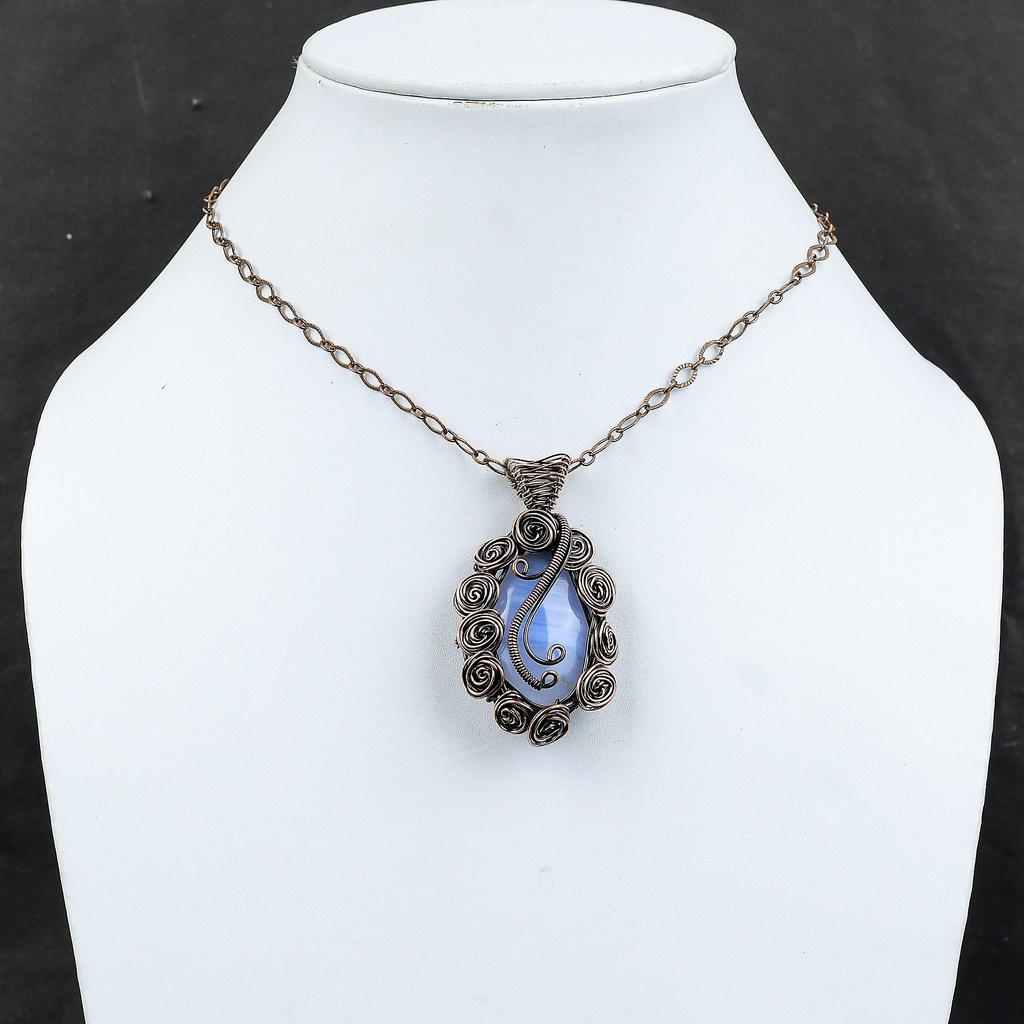 Подвеска из голубого кружевного агата, подвеска из медной проволоки, изящная подвеска из драгоценного камня, подвеска ручной работы, ювелирное изделие из медной проволоки, подарок для мамы, уникальная подвеска