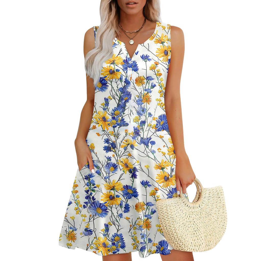 Женские летние платья Свободные сарафаны без рукавов с V-образным вырезом Платье с карманами