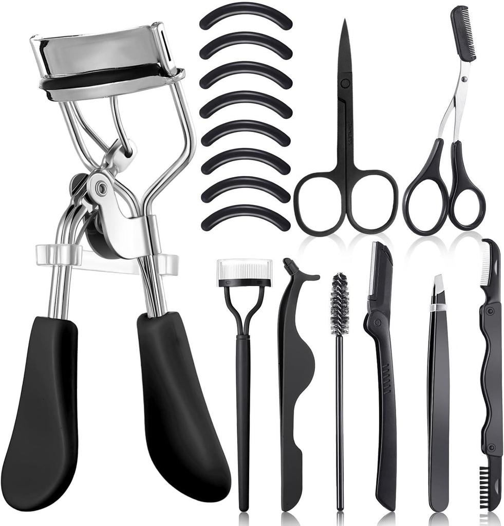 Щипцы для завивки ресниц с двухголовой складной расческой и набором из 4 предметов: В комплект входит многофункциональный косметический инструмент, щеточка для бровей, пинцет для накладных ресниц.