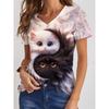 3D Animal Cat Pattern Printed Summer V-neck Short Sleeved T-shirt Fashionable Casual Sportswear