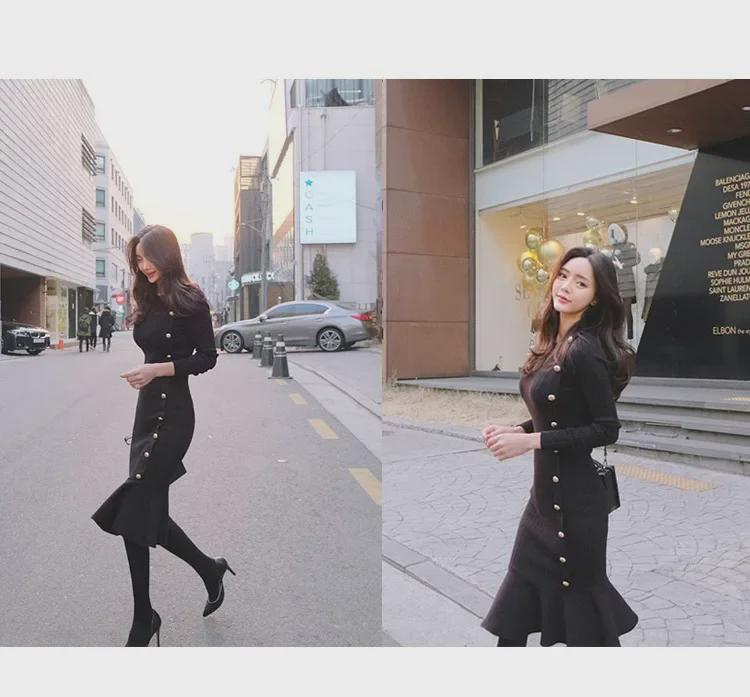 Вязаное платье-свитер с хвостом в стиле Хепберн для женщин - Осень/Зима Корейская мода