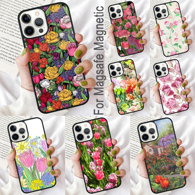 Floral Chic Roses Tulips Garden Soft Phone Case for iPhone 17 Air 16e Pro max 15 Pro 13 14 Plus 11 12 MagSafe Magnetic Coque