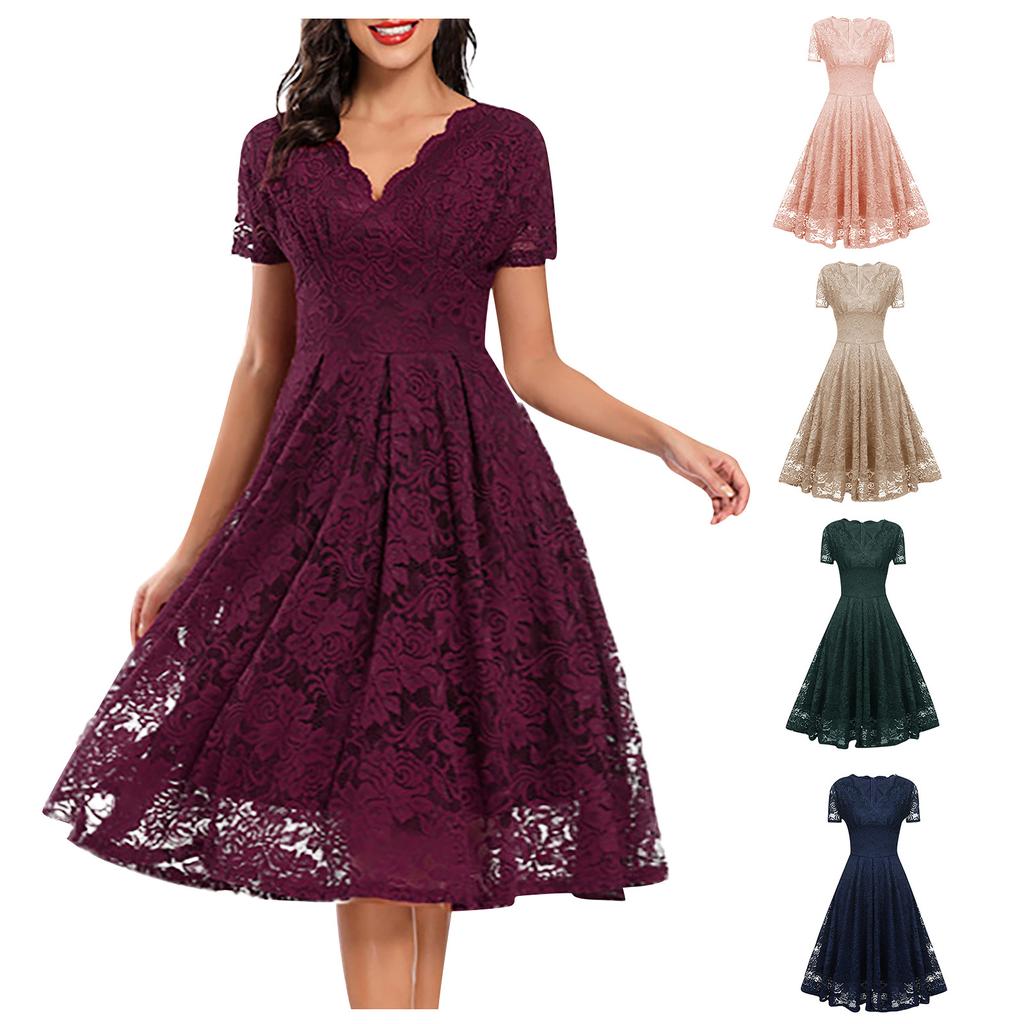 Women's Fashion Vintage V-Neck Short Sleeve Contrast Dovetail Slim Lace Evening Dress
