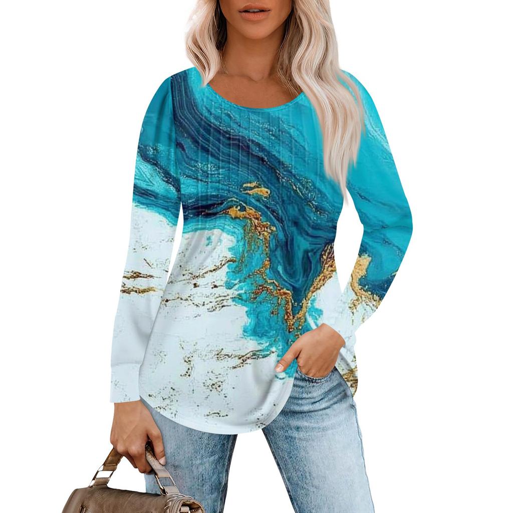 Женская модная повседневная плиссированная футболка с круглым вырезом и принтом, с длинным рукавом