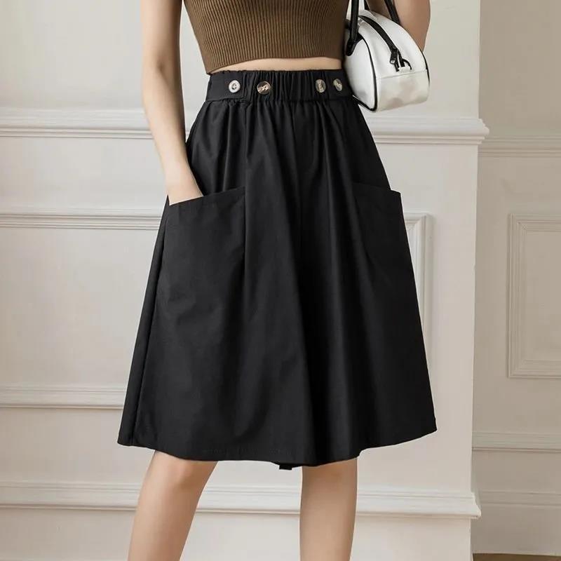 Women High Waist Irregular Knee Length Pants Office Loose Oversize Button Pockets Wide Leg