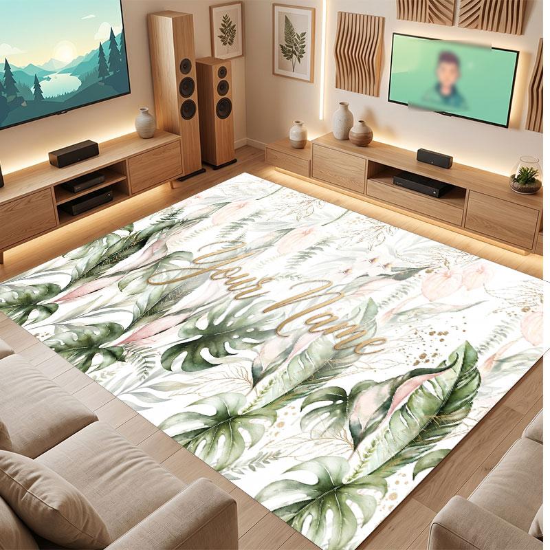 Floral Garden Theme Crystal Velvet Floor Rug Personalized Custom Name Text Warm Carpet Home Decoration