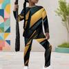 Girls Round Neck Long Sleeve Black Blue Printed Top And Fitted Pants Two Piece Set