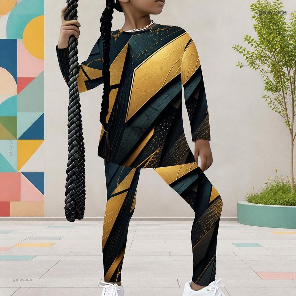 Girls Round Neck Long Sleeve Black Blue Printed Top And Fitted Pants Two Piece Set
