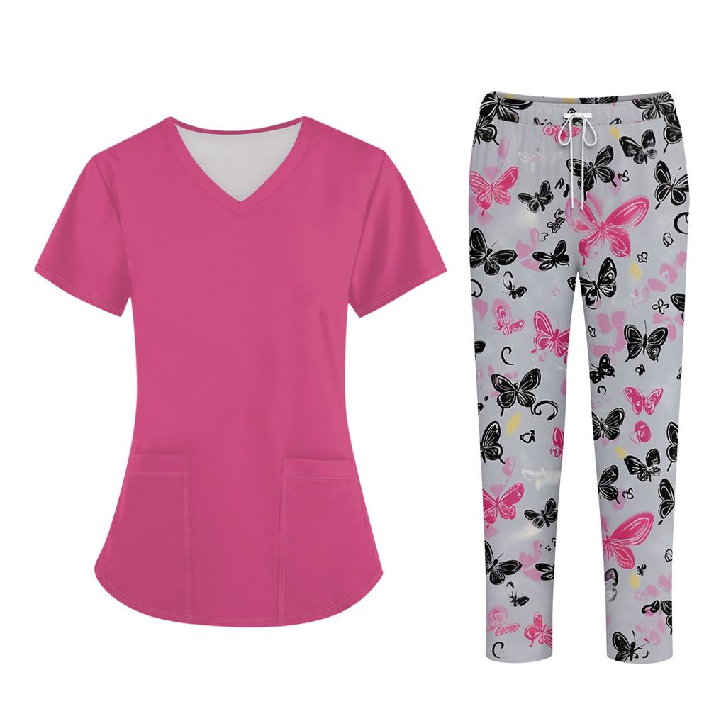 Плюс размерСкраб с принтом Рабочая форма Топы для женщин Крест V-образным вырезом Хэллоуин Принт с короткими рукавами Забавные футболки Спецодежда Футболка с карманами