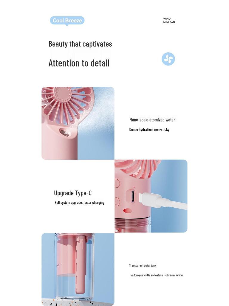 F3 Portable USB Rechargeable Mini Fan: Handheld, Desktop, Hydrating Spray – Perfect for School or Dorm Gifts
