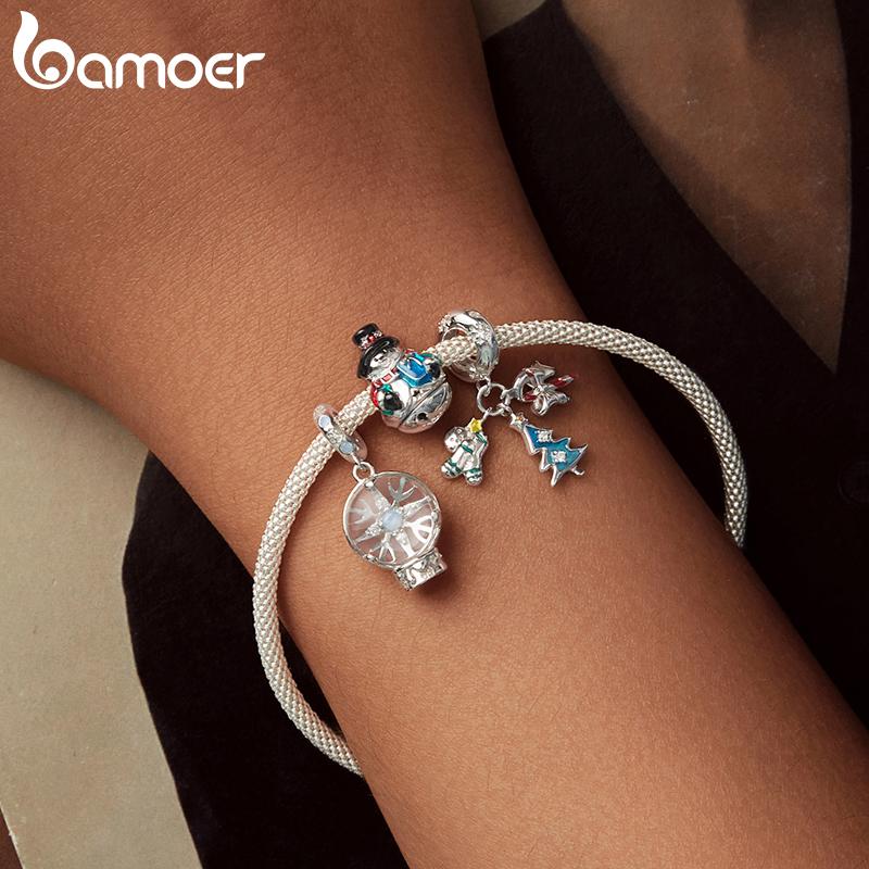 BAMOER S925 Серебро Рождественская Снежинка Снеговик Шармы Подходят для Оригинального Браслета DIY Шарм Bamoer для Изготовления Ювелирных Изделий Рождественский Подарок