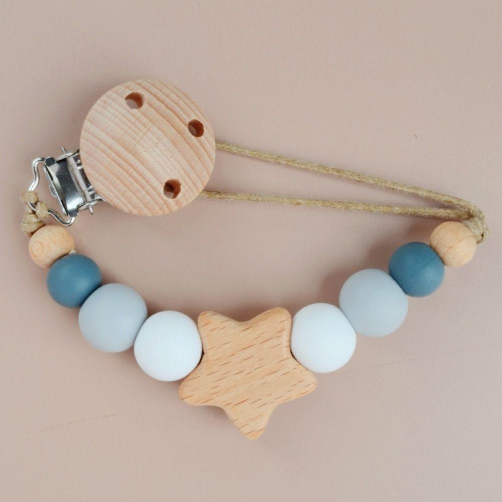 Star Pacifier Holder Clips Wood Baby Teether Toys Straps Anti-lost Baby Pacifier Chain  Toddler