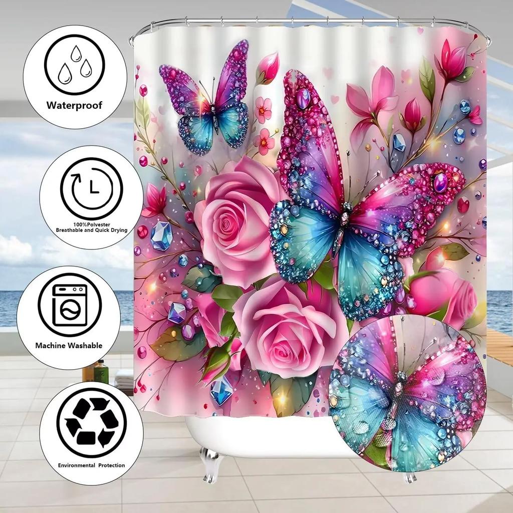 4Pc Pink Glitter Floral Shower Curtain Set Rose Bathroom Sets Butterfly Diamond Shower Curtain with 12 Hooks Bathroom Decor with