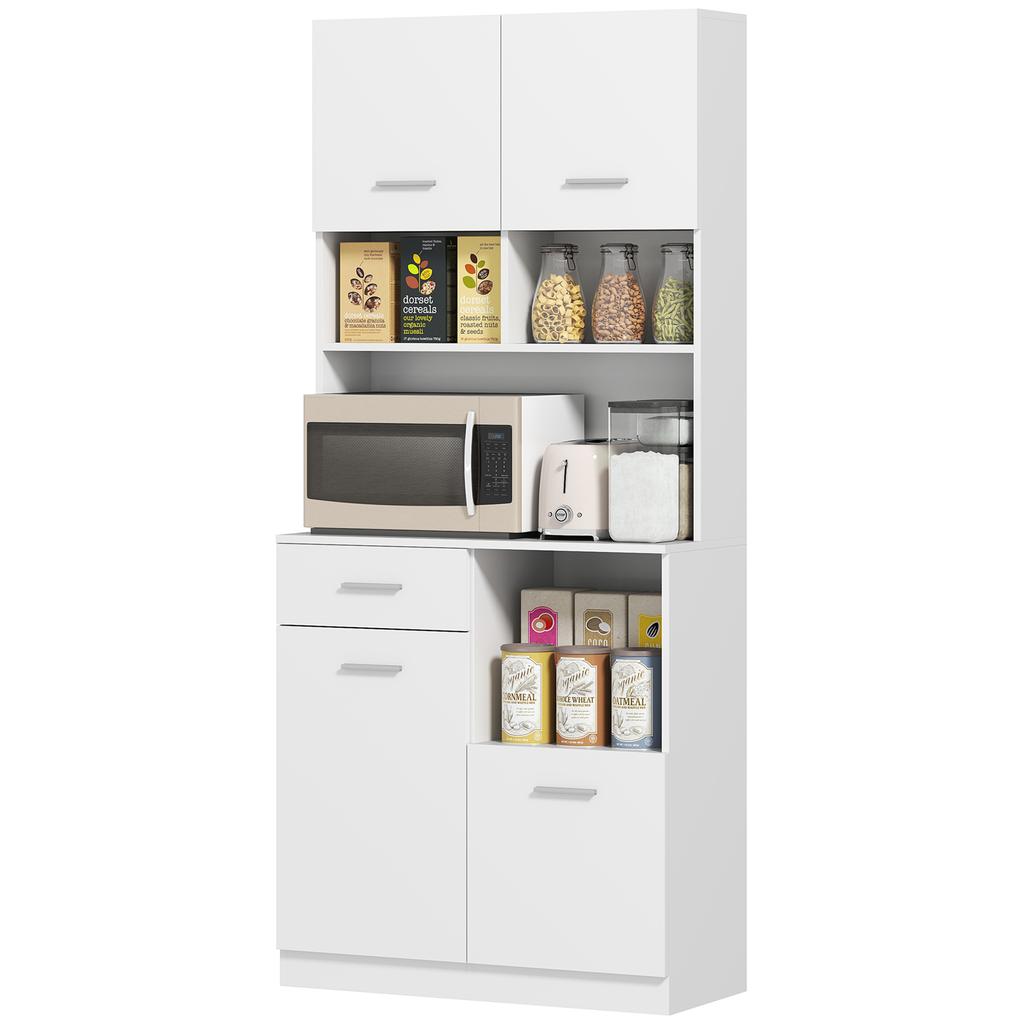 Wooden Pantry Cabinet with Drawer, 4 Cabinets and 3 Open Shelves, 80x35x180 cm, White