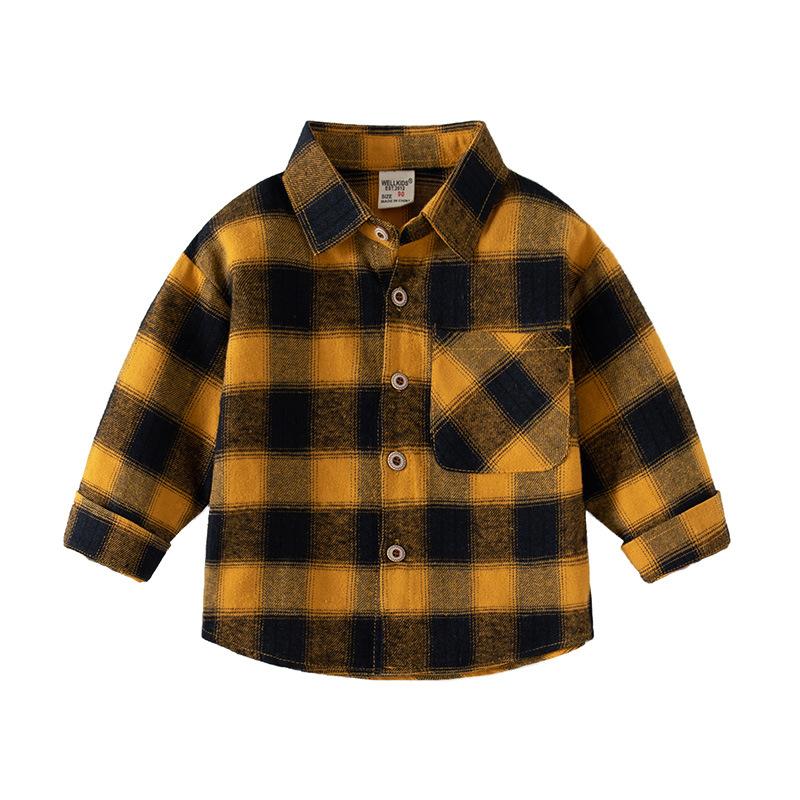 New Childrens Plaid Long-sleeved Shirt Spring Lapel Comfortable Cotton Shirt Korean Handsome Boy Shirt