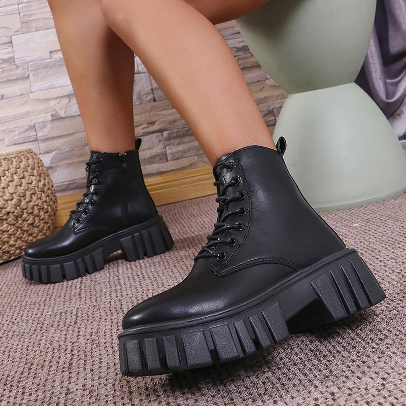 Fashion Women's Chunky Platform Ankle Boots Thick Bottom Non Slip Combat Boots Woman Fashion Lace Up Black PU Leather Botas Mujer 2025