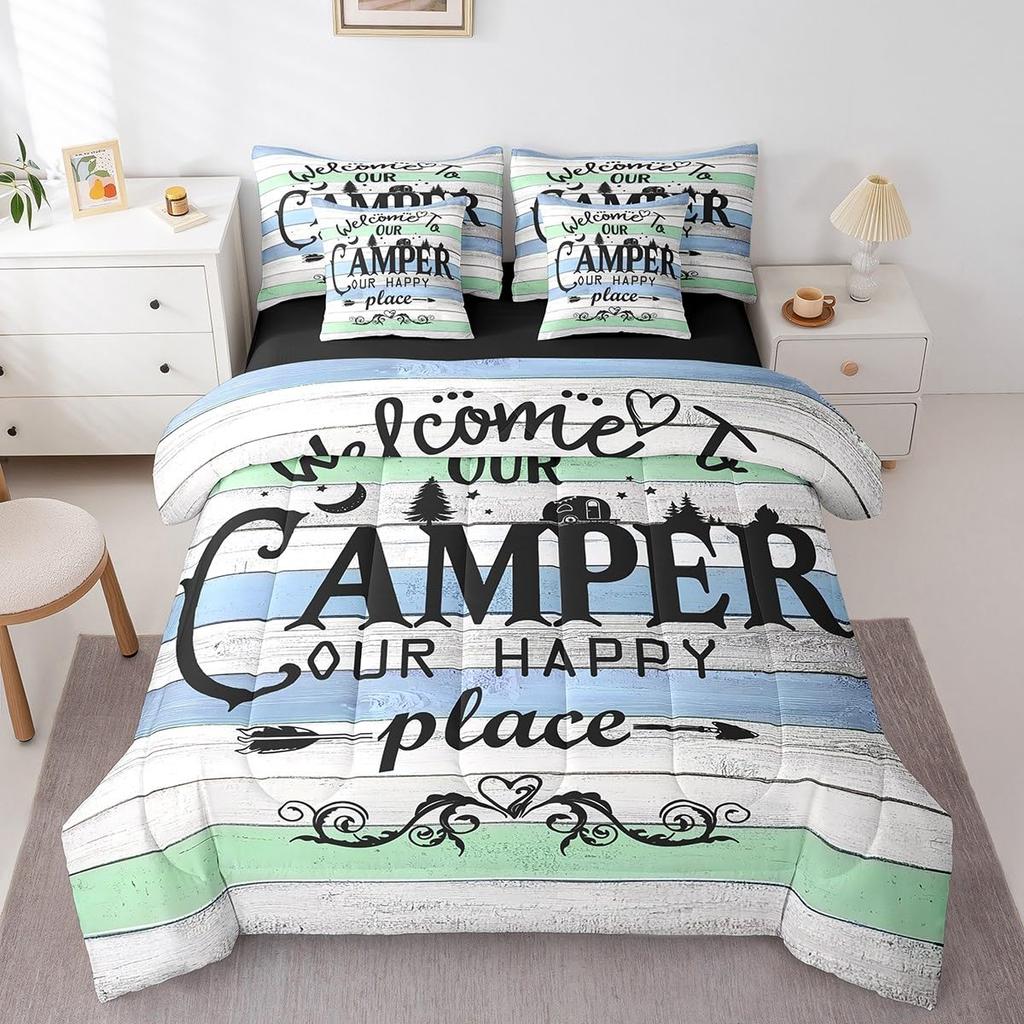 Erosebridal Happy Camping 7 Piece Comforter Set Queen Bed in a Bag for Kids,Hunting Bear and Pike Fish Bedding,Camper Accessories Sheet Set,
