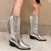 Plus Size Bling Angel Wings Pattern Sequin Women's Mid Length Boots Pointed Toe Tapered Thick Heels Slip-On Dance Booties Silver