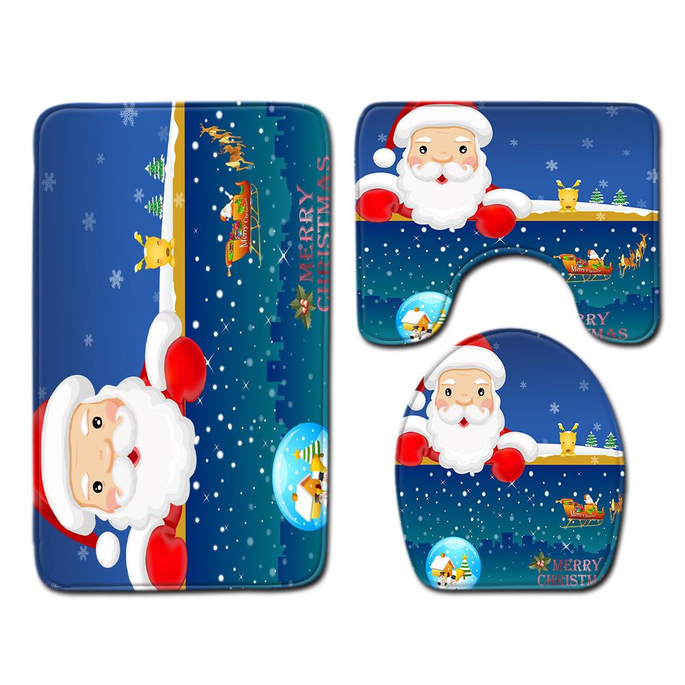 Christmas Home Shower Curtain Waterproof Polyester Cloth Toilet Floor Mat Four-Piece Set Entrance Door Mat Bedroom Living Room Carpet