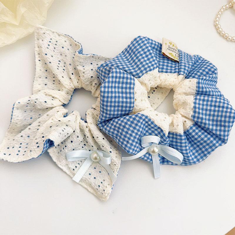 1pc Ballet-style Blue Checkered Bow Hair Tie, Square Scarf Hair Flower, Fresh Forest-style Hair Rope, New Lace Hair Accessories