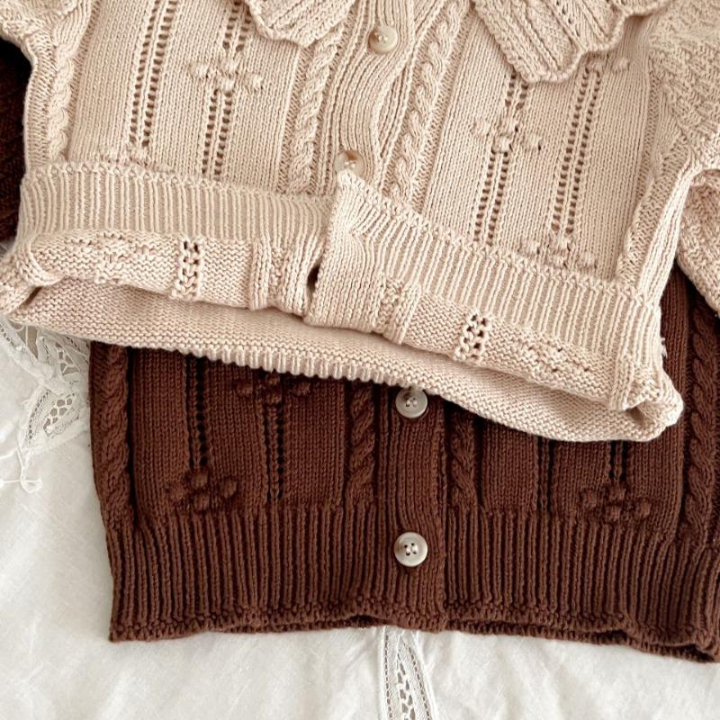 Осенний детский свитер для девочек, хлопчатобумажная пряжа, вязаный кардиган с воротником куклы, универсальное модное детское пальто из хлопковой пряжи