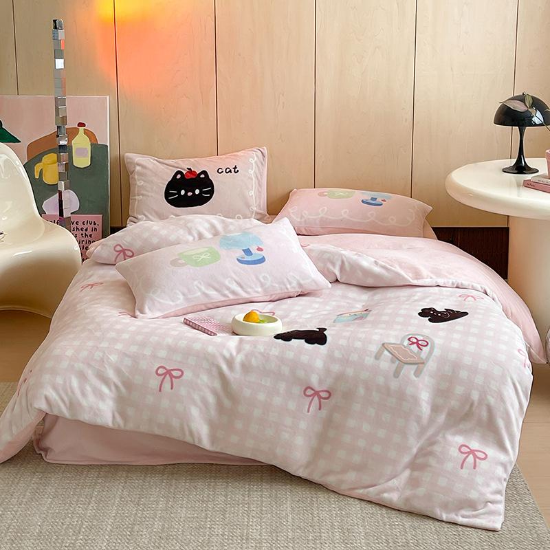 Утолщенный молочный флис, девчачье сердечко, милый котенок, кровать, комплект из четырех предметов, коралловый флис, 1,5 метра