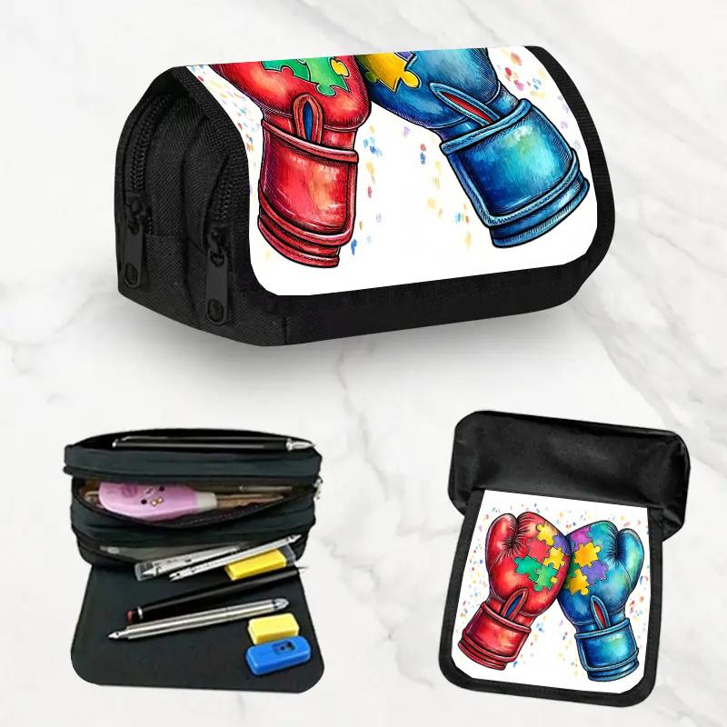 1pc Jigsaw Boxing Design Double Layer Flip Pencil Case-Large Capacity Zipper Closure, Suitable for Schools, Offices And Travel, Ideal Birthday/Holiday