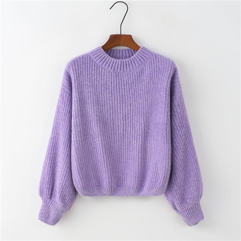 Женский пуловер оверсайз, осенне-зимний, с круглым вырезом, однотонный, с рукавами-фонариками, вязаный топ из шениля, модный трикотаж