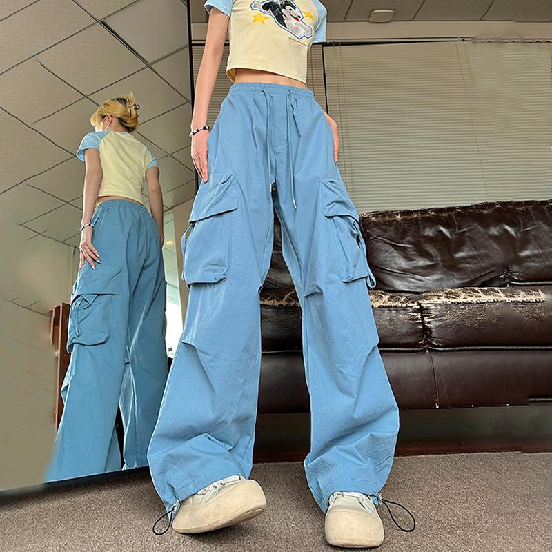 Бежевые брюки-карго в стиле хип-хоп, женские брюки-карго в стиле Харадзюку Y2K, винтажные мешковатые уличные брюки большого размера, широкие брюки-парашюты, женская корейская мода