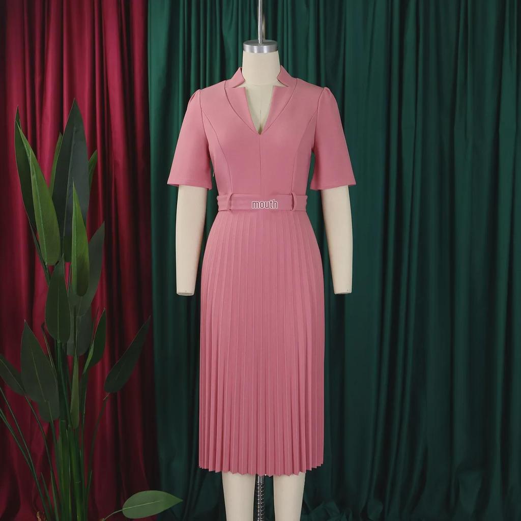 D563 Women's Summer V-Neck Pleated High-Waist Dress