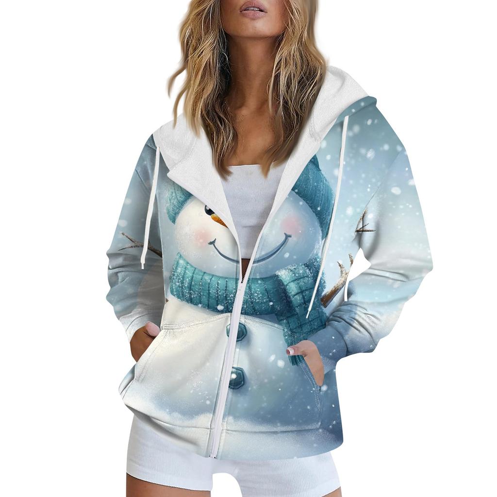 Женская рождественская печатная толстовка осень-зима с длинным рукавом кардиган куртка с карманами на молнии толстовка с капюшоном верхняя одежда