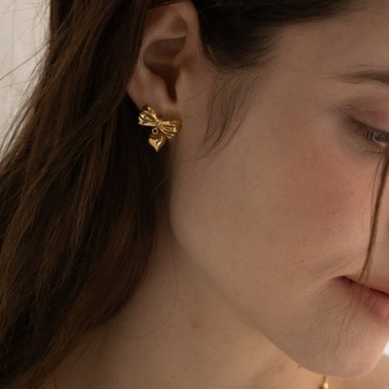 BEFORE MOONRISE [Silver 925] Ribbon Dangle Heart Earrings SE221 - Gold