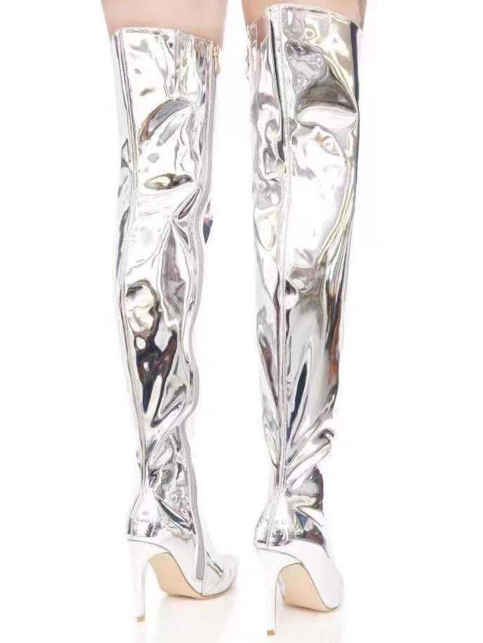 Осенне-зимние лакированные сапоги выше колена на высоком каблуке с острым носком для женщин